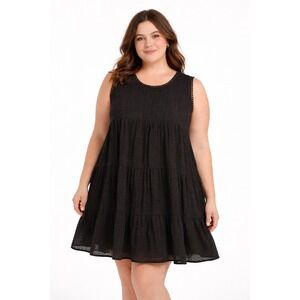 Arula Swiss Dot Tiered Babydoll Dress Tunic Black Sleeveless Lined 2X Plus B